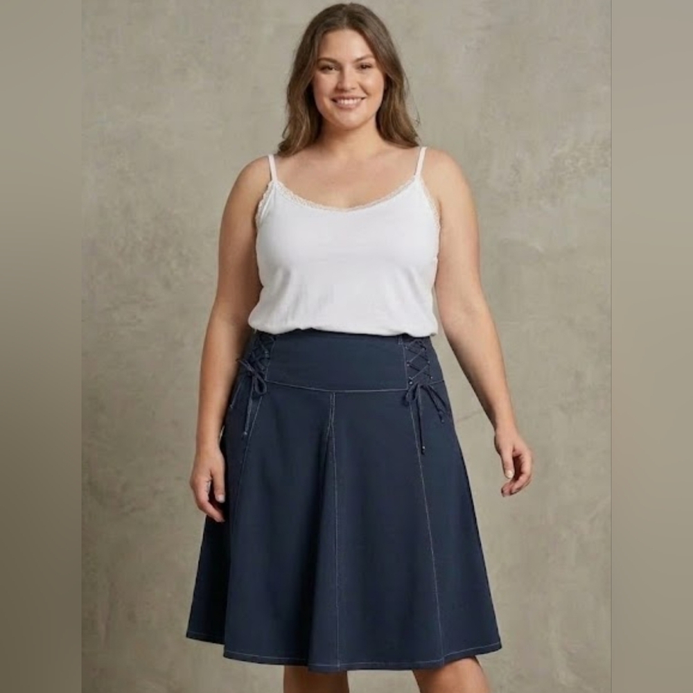 Claire France A-Line Skirt – Side Lace-up Details & Contrast Stitching, Size 18